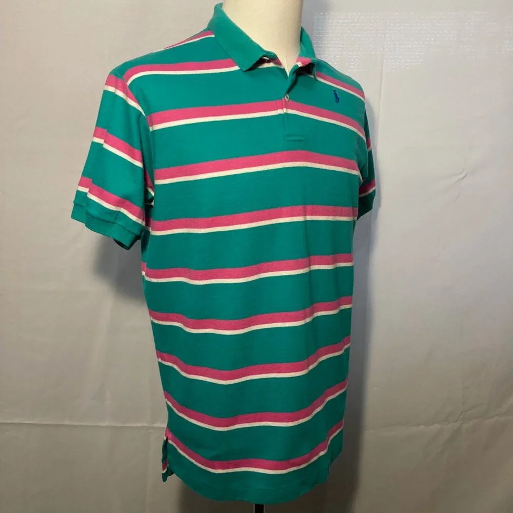 Vintage Polo Ralph Lauren Green w/Stripes Imperfection Golf S/S Shirt Men Large